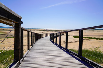 wooden path access dune sand beach of Jard sur Mer in atlantic ocean France