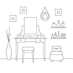 Sketch interior. Dressing table and other furniture. Vector illustration