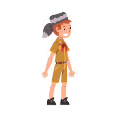Cute Smiling Scout Boy, Scouting Kid Character Wearing Uniform, Neckerchief and Coonskin Cap, Summer Camp Activities Vector Illustration
