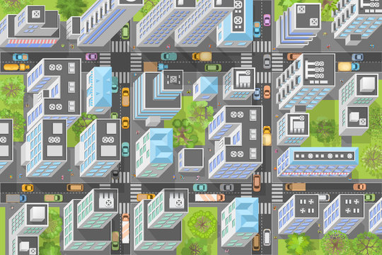 City landscape. Isometric top view.
Streets, houses, buildings, roads, crossroads, trees, cars. View from above.