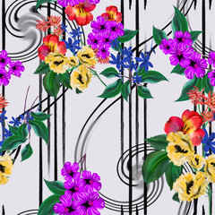 Seamless pattern with spring flowers and controlled. Hand background. Flower pattern for wallpaper or fabric. Flower rose. Botanical Tile.