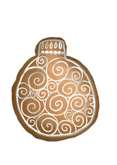 Christmas ball cookie with white icing. Hand drawn christmas decorative ginger cookie isolated on white background. Design for winter decorations, cards, posters. Cozy mood. Backery concept.