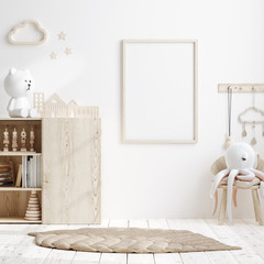 Mock up frame in children room with natural wooden furniture, 3D render
