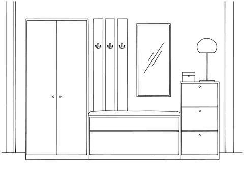 Sketch interior. Hallway furniture, various decorations and other elements. Vector illustration