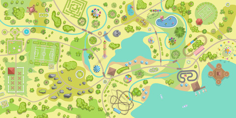 Amusement park map. (Top view) Attractions, paths, lake, river, plants, playground. (View from above)