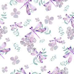 Obraz na płótnie Canvas Purple and green Dragonflies and flowers seamless pattern. Hand drawn watercolor insects seamless pattern isolated on white background. Flora and fauna concept. Trendy design.