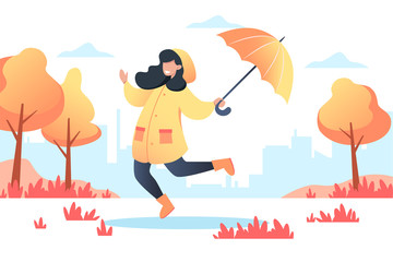 Happy woman in a yellow raincoat with an umbrella in her hands walks in the autumn park. Vector illustration for web design