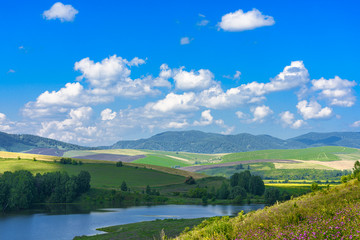 Fototapeta na wymiar Landscape with hills and lake on a Sunny day, blue sky with clouds. Russia, Altai territory