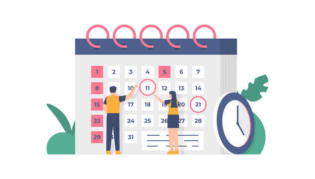 the concept of scheduling and planning, time management. illustration of a team discussing in front of the calendar. flat design. can be used for elements, landing pages, UI, websites.