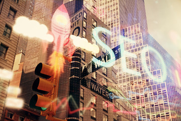 SEO hologram on city view with skyscrapers background double exposure. Search optimization concept.