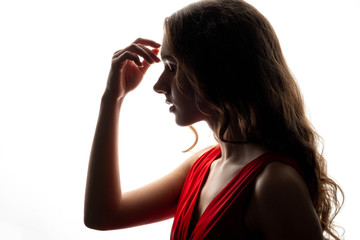 Female profile portrait. Mindfulness dream. Silhouette of peaceful brunette woman isolated on white copy space background. Tenderness beauty. © golubovy