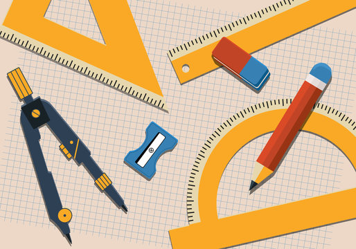 Geometric sketching and painting tools. School measuring equipment.