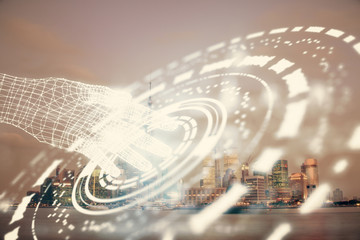 Data theme hologram drawing on city view with skyscrapers background double exposure. Ai concept.