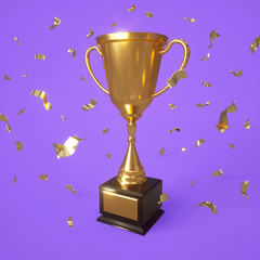 Golden cup with foil 3d render. Winner award background. 
