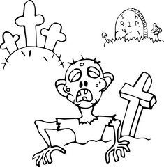 Grave graves, tombstones and crosses vector illustration, zombie crawling out of the grave for Halloween in the style of Doodle. Can be used for fabric, textiles, paper, Wallpaper, books.