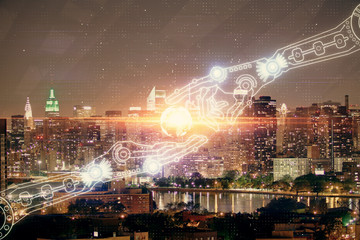 Data theme hologram drawing on city view with skyscrapers background double exposure. Ai concept.