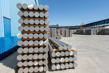 View of the ingots of the aluminium metal in the factory. Aluminium or aluminum is a chemical...