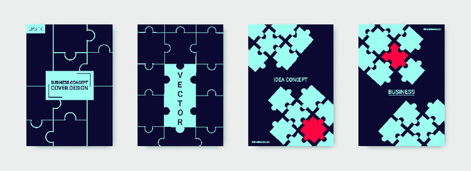 Puzzle covers. Annual report cover. Trendy flyer. Team connection idea. Office template. Layout in A4 size. Abstract rectangle puzzle background. Industrial engineering background design.