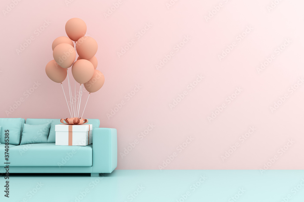Aufkleber 3d rendering of gift box and balloons on sofa.