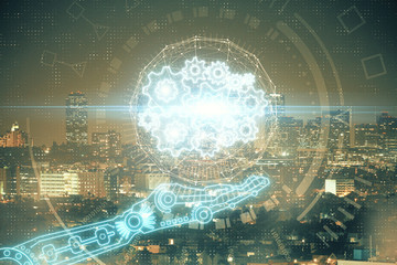 Data theme hologram drawing on city view with skyscrapers background multi exposure. Ai concept.