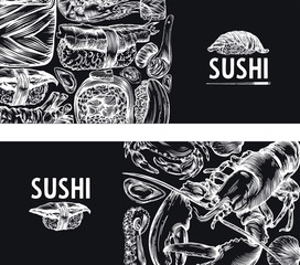 Vector graphics of sushi, rolls, seafood, banner sketches. Pattern, print, menu cover. High detail, high-quality drawing, line drawing.