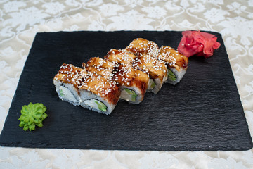 Delicious, juicy and appetizing tender rolls with eel