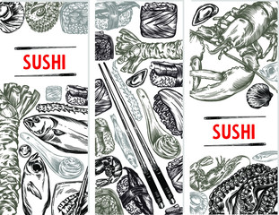 Vector graphics of sushi, rolls, seafood, banner sketches. Pattern, print, menu cover. High detail, high-quality drawing, line drawing.