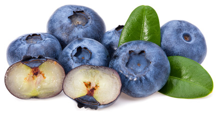 blueberries with green leaves and slice isolated on white background. full depth of field. macro