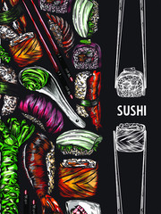 Vector color graphics of sushi, rolls, seafood, banner sketches. Pattern, print, menu cover. High detail, high-quality drawing, line drawing.