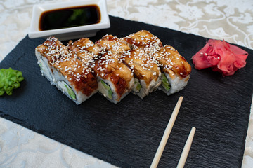 Delicious, juicy and appetizing tender rolls with eel