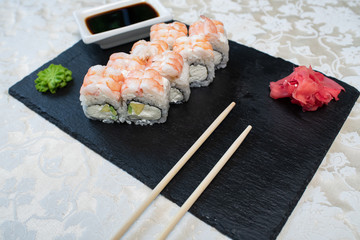 Delicious, juicy and appetizing tender rolls with shrimp