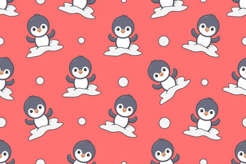 Seamless pattern vector illustration with cute little penguins in the snow.