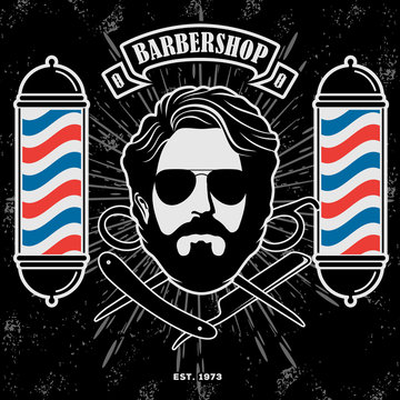 Barbershop logo, poster or banner design concept with barber pole. Vector illustration
