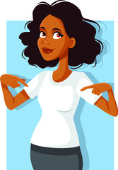 Smiling African Woman Pointing to Blank White Shirt