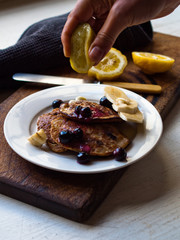 Blueberry pancakes gluten free in natural light.
