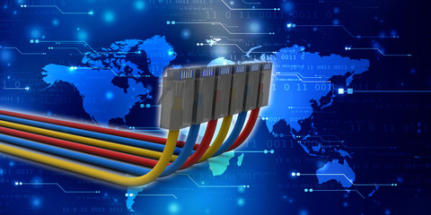 3d rendering Network connection, internet communication and computer technology concept, closeup view of curved ethernet cable plug connector
