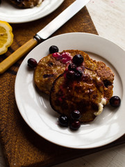 Blueberry pancakes gluten free in natural light.