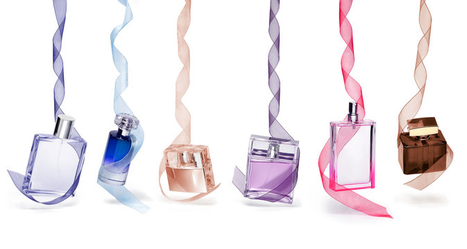 Barcelona- Spain- Circa 2018. Different types of distinguished perfumes in a Christmas gift set concept. Perfumery bottles hanging with loops
