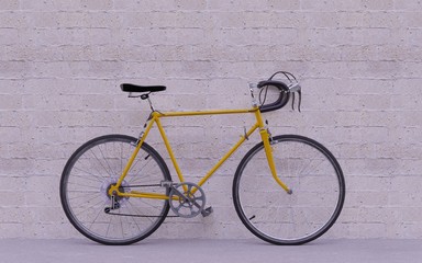 Fototapeta na wymiar Vintage yellow sports bike stands on a light gray brick wall background, 3D rendering 