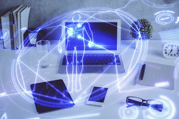 Desktop computer background and education theme drawing. Double exposure. Study concept.