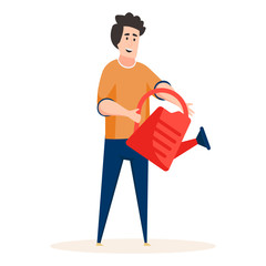 
Man holding watering can, landscaper in flat vector 

