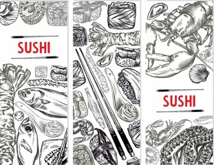 Raster graphics of sushi, rolls, seafood, banner sketches. Pattern, print, menu cover. High detail, high-quality drawing, line drawing.