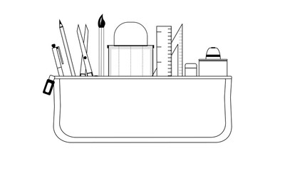 The pencil case with a lot of school equipment and medical mask. Back to school