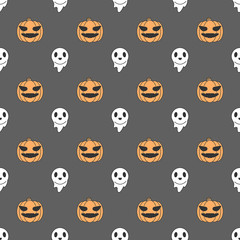Halloween seamless pattern, Cute little ghosts and pumpkins on dark background, Cute ghost icons.	