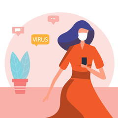 Woman wearing a medical mask. Girl at home. Coronavirus quarantine.  Vector illustration in flat style.