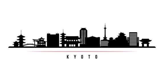 Naklejka premium Kyoto skyline horizontal banner. Black and white silhouette of Kyoto City, Japan. Vector template for your design.
