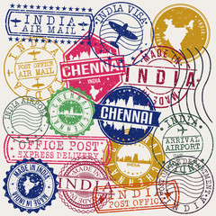 Chennai India Set of Stamps. Travel Stamp. Made In Product. Design Seals Old Style Insignia.