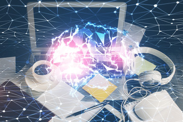 Double exposure of desktop computer and human brain drawing hologram. Ai concept.