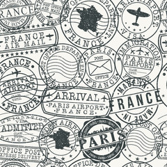 Paris France Stamp Vector Art Postal Passport Travel Design Set Pattern Wrap Tile.