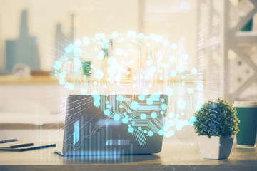 Double exposure of desktop computer and human brain drawing hologram. Ai concept.